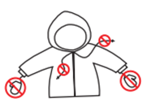 A cartoon image of the different hazards such as scarves and dangling cords that can be on children's coats.