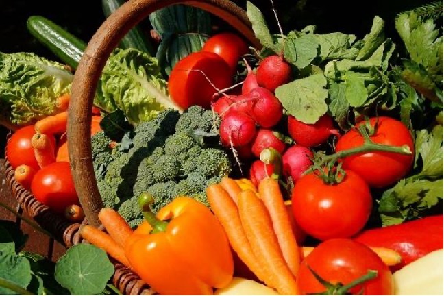 A basket is full of different fresh and colourful vegetables.