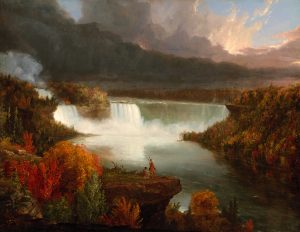 An oil painting of Niagara Falls. The falls are surrounded by dense tree cover, their leaves showing the rich reds, yellows oranges and greens of the fall season. On a rocky outcropping, two figures, who appear to be indigenous, overlook the turbulent waters. Above the centrally placed falls, dark clouds on the left give way to sunshine on the right.