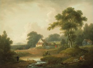 An oil painting of a pastoral landscape scene. On the central horizon line, a small lightly cream-coloured house is divided from the lands by a white fence. A similarly sized house is located to the far right and appears more weathered in comparison. A large tree in the midground reaches into the sky, separating these houses. Various trees and bushes dot the landscape which is being occupied by five figures, who are fishing, doing laundry, and walking.