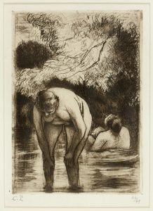 A black and white illustration of an outdoor scene of two nude white women bathing in a pond. One of the women who is in the foreground is bent at the waist, her hands on her knees looking into the water below. Behind her and to the right is the other woman, who is sitting half-submerged, her back towards the viewer. The top half of the image contains the branches of tress and other plantlife.