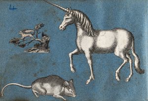 This image is of a unicorn, squirrel and a mouse, each in a scale unrelated to the other figures. The three figures are black and white, flat on a blue background that has dark staining due to age. The unicorn is the largest figure, and takes up the majority of the right half of the image facing left. The unicorn's front right right leg is raised high off the ground, while it's rear left is slightly raised as if it was walking. The mouse is located at the bottom left of the image facing right. Its head is just under the raised front leg of the unicorn, body and tail appearing to be in a passive restful position. The squirel is located just above mid center left and is depicted much smaller than the other figures, running on a tree branch facing left.