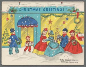 A colourfully illustrated outdoor winter scene. Six figures of three white men and three white women all of indeterminate ages, due to the highly stylized illustration style, stand in front of a retail storefront. The figures are all dressed appropriately for the winter, in suits and dresses of blues and reds. Snow blankets the ground, and the shop sign which reads "Christmas Greetings!" The large windows of the store give off a yellow glow, in which we can see an assortment of Christmas trees, and other decorations.