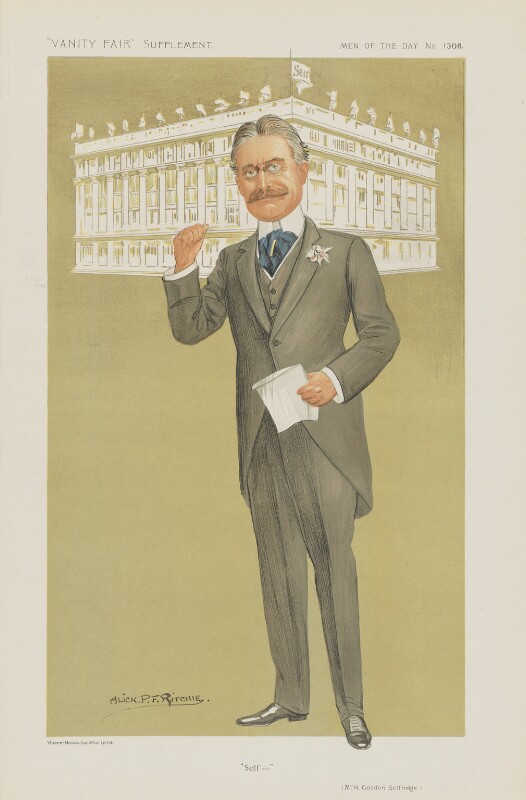 A graphic image showing a smartly dressed man in a grey suit with a blue cravat and a high collared shirt. He holds a piece of paper in his one hand and points behind him to a grand-looking department store behind him.