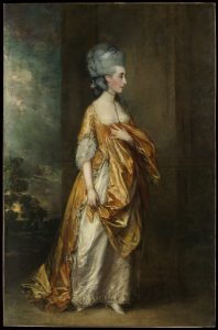 An oil painting of a white woman standing against a dark background wearing a long flowing dress. The dress is white and gold and has a slight reflective quality as if made from silk. The woman has grey hair which is worn high on her head.