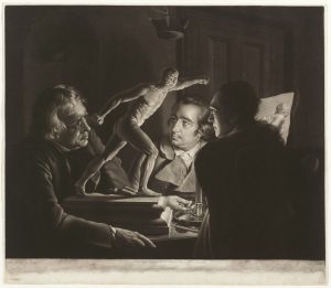 A black and white image of a mezzotint engraving print. The image is of a crowded interior scene of three white men sitting around a table looking at a roughly quarter-scale statue of a man engaged in a lunging motion. A candle hidden behind the rightmost man is the sole illumination source. The men are all dressed in overcoats, and their respective gazes focus on different parts of the statue. A mirror is located at the right of the image, possibly placed on the table, and reflects the statue.