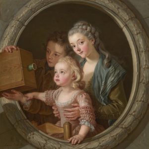 An oil painting of three closely positioned figures sitting behind a decorative stone opening in a wall. A young white boy wearing a brown coat is positioned on the left and is partially obscured by the other two figures. He looks at a box camera which he holds in his hands. The largest figure is a youthful white woman with light-grey braided hair, wearing a brown top with a dark teal shawl who sits closest to the right. She appears to be looking directly at the viewer. The woman holds the waist of a young white girl sitting on the woman's lap. the girl has long blonde hair and a vibrant and frilly pink dress. She gazes at the boy's camera, her right arm resting on his left.