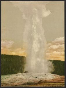 A photographic image of a water geyser. The jet of white water and steam emanates from a rocky outcropping in the foreground and reaches the top of the image. In the background, a distant forest is visible underneath the sky which takes up the top two-thirds of the image.