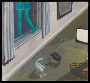 An oil painting of the interior of a domestic dwelling. The baseboard of the single white wall divides the image from the bottom left corner to the top right. On the muddy green carpeting, a television displays a white screen near the centre of the image, and an album cover rests just to its left. Toward the bottom of the floor is the edge of a table, on which rests a metal basket with a single large piece of orange fruit inside of it, and two smaller pieces resting outside. To the left of the table is two birds one black and one white. the birds resemble featherless chickens and circle each other in what appears to be a fight. On the wall hangs a framed image at the top of the painting, the corner of which is just visible. To its left is an open window with white drapes. the legs of a figure, wearing green tights, is stepping out of the window.