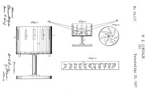 A black and white line drawing of a zoetrope machine. three of these images show the exterior, interior and top view of the machine. The machine has a circular flat base and a pole that connects the base to the top. The top is a cylinder with vertical rectangular slits cut into the top portion. The fourth image is of a zoetrope strip which depicts multiple illustrations of a figure dancing. Various text relating to the patent appears on the left and right areas of the image.