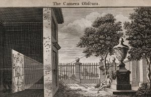 A black and white engraving depicting a cross-section of a two-storey house on the left quarter of the image, and an outdoor scene on the right. The outdoor portion is enclosed by a stone and iron fence, with trees and bushes accenting the space. A white man sits in front of an ornate monument roughly twice his height. The monument has a square base, on top of which sits a vase-like structure of equal size. The interior of the home is dark, save for a screen and a projection of the exterior scene. Six lines emanate from a small dark circle on the house's exterior wall, 2 are level with the ground and 4 are at 45-degree angles. These lines terminate on the interior screen and midway through the exterior scene, illustrating the passage of light through the hole.