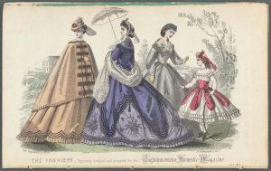 An illustration of three women and a girl. The women are standing beside one another in various poses. Colour is used sparingly, the strongest use of which emphasises the clothing each figure is wearing. The clothing is lavish and clearly expensive.