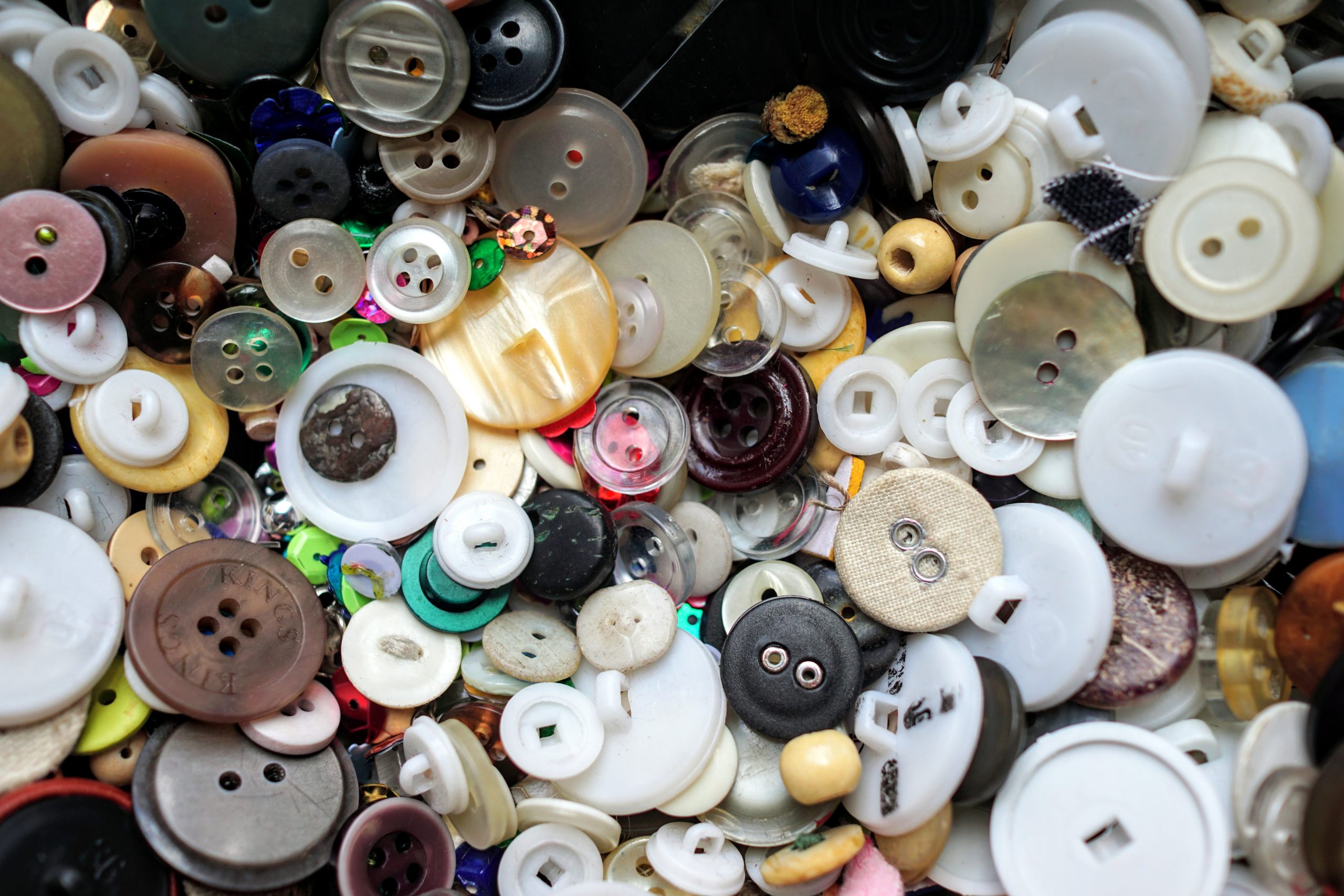 Buttons in various shapes, sizes and colours.