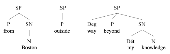Arbres syntaxiques : [SP [Prép from] [SN Boston]], [SP [Prép outside]], [SP [D Deg way] [Prép beyond] [SN [Dét my] [N knowledge]]]