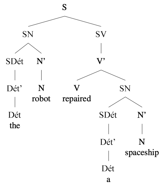 Arbre syntaxique : [ P [ SN [SDét [Dét’ [Dét the ] ] ] [N’ [N robot] ]] [ SV [V’ [V \\repaired ] [SN [SDét [Dét’ [Dét a ] ] ] [N’ [N spaceship] ] ] ] ] ]