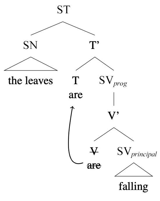 Arbre syntaxique : [ST [SN the leaves] [T’ [T are] [SV_prog [V' [crossed out V are] [SV falling ] ] ] ] ], flèche de [V are] vers [T are]