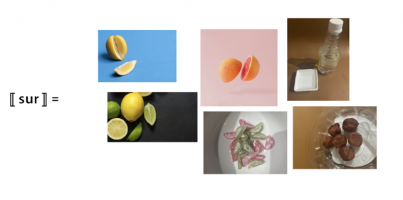 Le mot « aigre » est placé entre doubles crochets et le signe égal est placé à sa droite. À droite du signe égal, on trouve : un citron coupé, un pamplemousse coupé, une bouteille de vinaigre, un citron vert coupé, des bonbons acidulés, des umeboshi (prunes japonaises marinées).