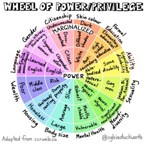 A circle chart showing the different power and privilege positions as drawn by Sylvia Duckworth based on information from Canadian Council of Refugees. The areas of the circle are the following where the last positionality of each area is the positionality with power. Wealth: poor, middle class, rich Housing: Homeless, renting, owns property Body size: large, average, slim Mental health: Vulnerable, mostly stable, robust Neuro-diversity: Significant neurodivergence, neuro-atypical, neurotypical Sexuality: lesbian bi pan asexual, gay men, heterosexual Ability: significant disability, some disability, able-bodied Formal education: elementary, high school, post-secondary Skin colour: dark, different shades, white Citizenship: undocumented, documented, citizen Gender: Trans intersex non-binary, cisgender woman, cisgender man Language: non-English monolingual, learned English, English