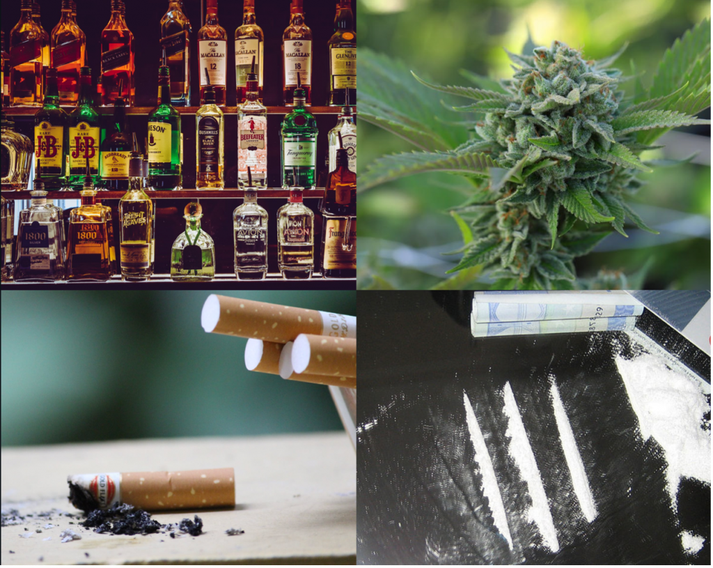 collage of photos of psychoactives sustances including assorted liquor bottles, cigarette ashes, green marijuana bud with leaves, and cocaine lines