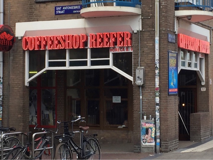 photo outside Coffeeshop Reefer on Sint Antoniesbree Straat in the centre of Amsterdam, NL.