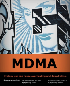 Harm reduction poster for MDMA, or 3,4-Methyl enedioxy methamphetamine, also known as ecstasy or molly. There is a warning that ecstasy use may cause overheating and dehydration. The image is graffiti style in nature, with a prominent "E" and an image of a woman resembling Madonna, the pop star.