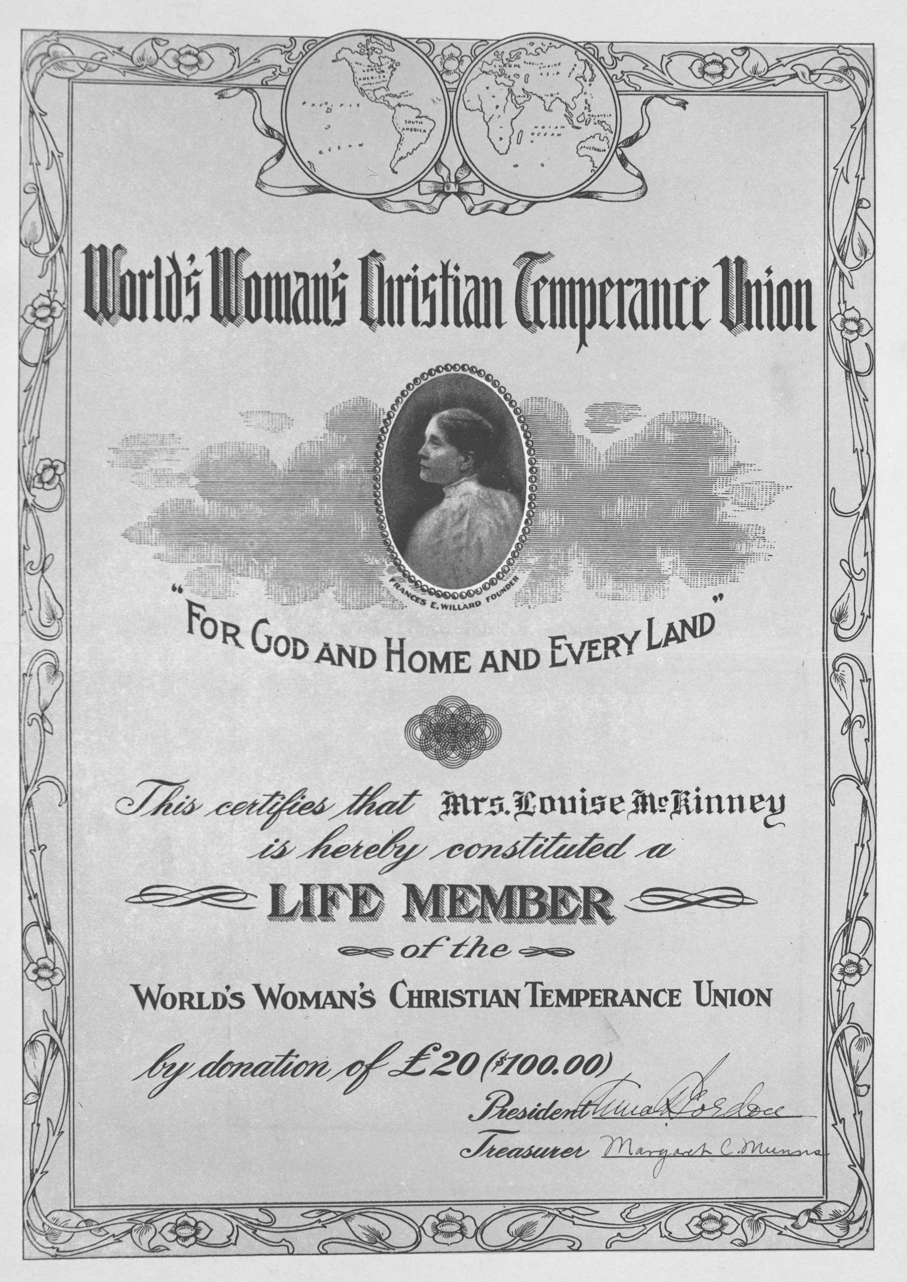 Photo of World’s Women’s Christian Temperance Union Certificate