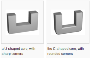 a U-shaped core, with sharp corners and a C-shaped core, with rounded corners