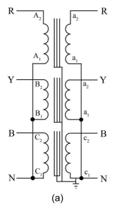 A diagram of a three-phase transformer with delta-delta connection, showing the coils connected in delta on both primary (R, Y, B, N) and secondary (a, b, c, n) sides.