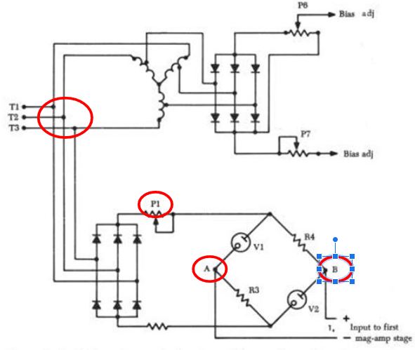 Voltage reference circuits of a typical magnetic amplifier voltage regulator. highlighting TIT2 T3 FER Pl P6 Bias adj P7 Bias adj R4 Vi R3