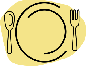 Place setting with a spoon, fork and plate against a yellow background.