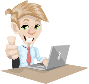 A cartoon image of a white man sitting at a laptop and smiling at the viewer while giving a thumbs up.
