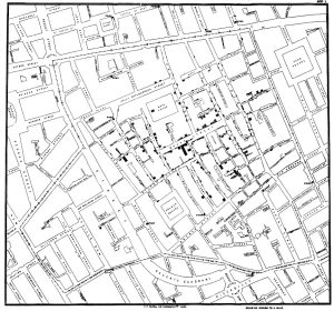 Map of Cases of cholera in London in 1854. Black and white map of a neighbourhood with black bars in various locations showing number of infections (taller bar = more cases)