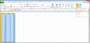 Excel spreadsheet showing selected cells and custom sort option highlighted in dropdown menu