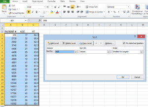 Excel spreadsheet showing Custom Sort dialog box