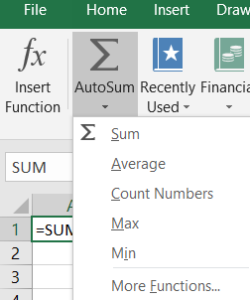 Excel worksheet with the AutoSum dropdown menu visible