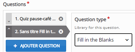 Activité H5P « Quiz Question Set » avec l’option « Fill in the Blanks » sélectionnée pour la deuxième question