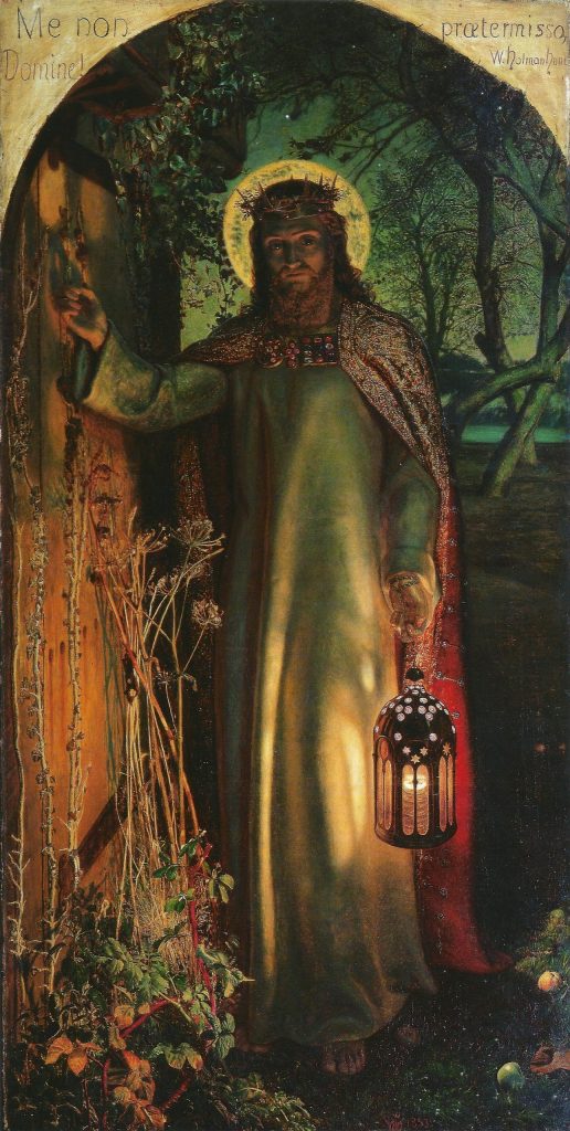 Painting of a man knocking at a door while holding a lantern.