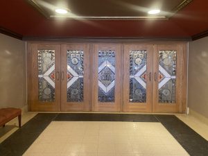 Entry doors with frosted glass.
