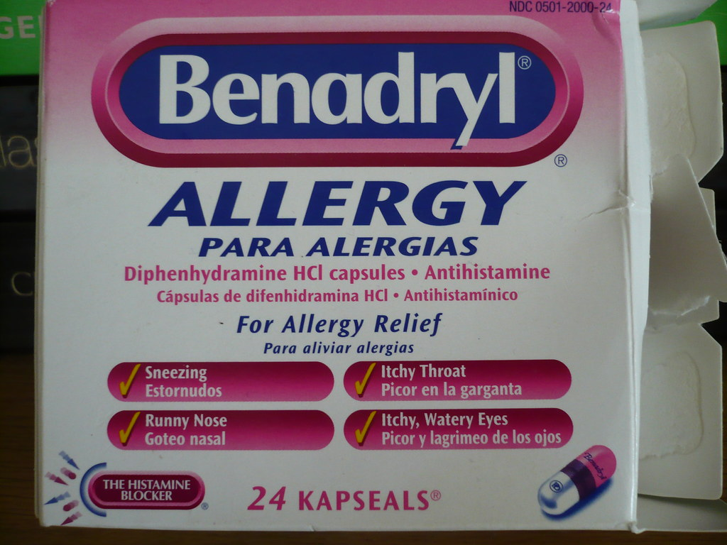 An opened package of Benadryl.