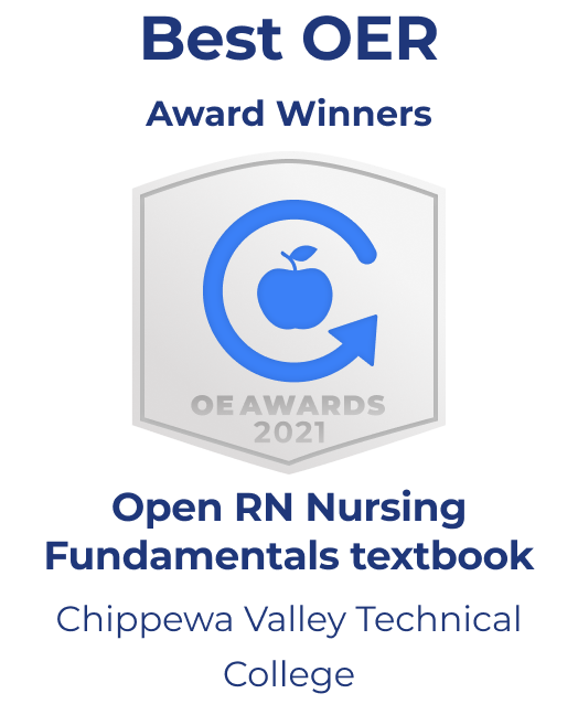 Award image for Open Textbook Award for Best OER 2021. Shows an arrow circling around an apple shaped image along with award text.