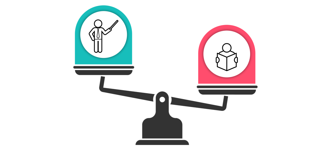 Diagram of a scale with a teacher icon and a student icon tipped in favor of a teacher.