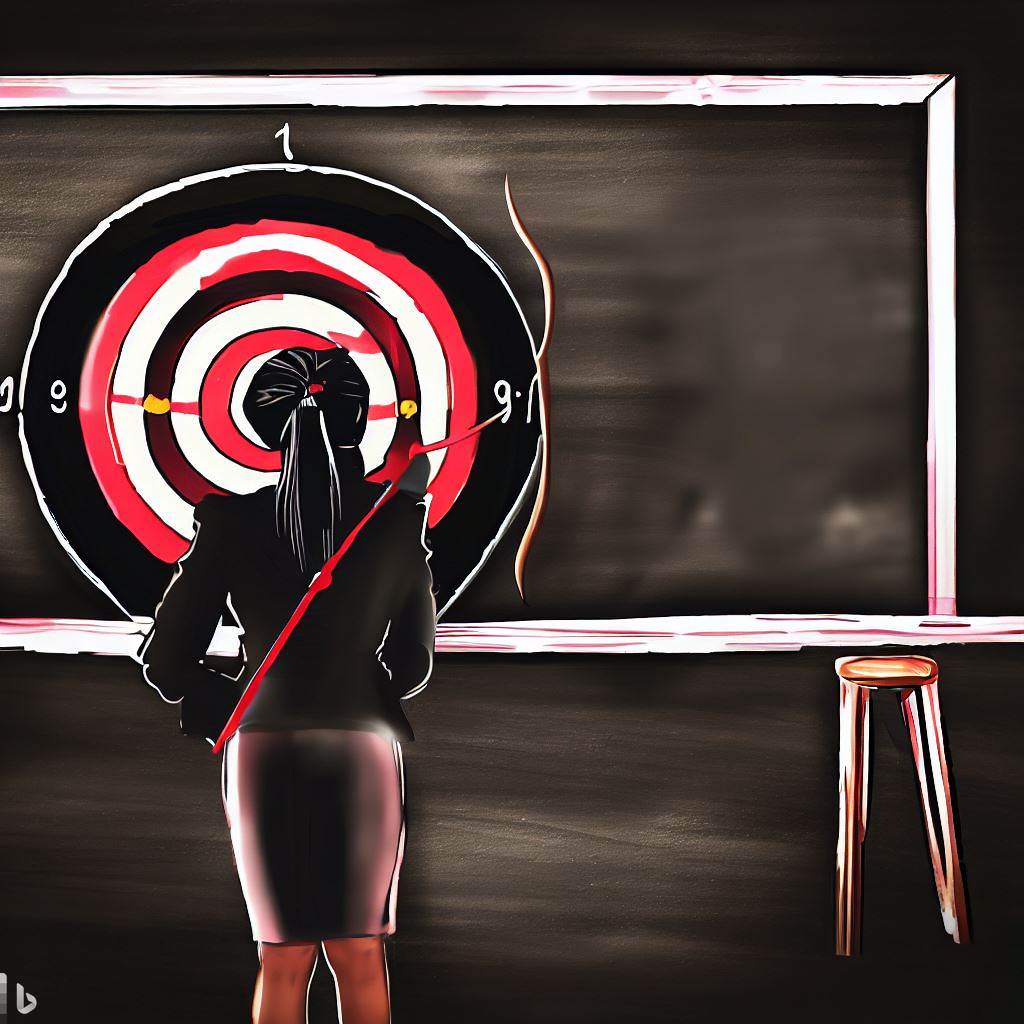 A teacher looks at a target on a blackboard