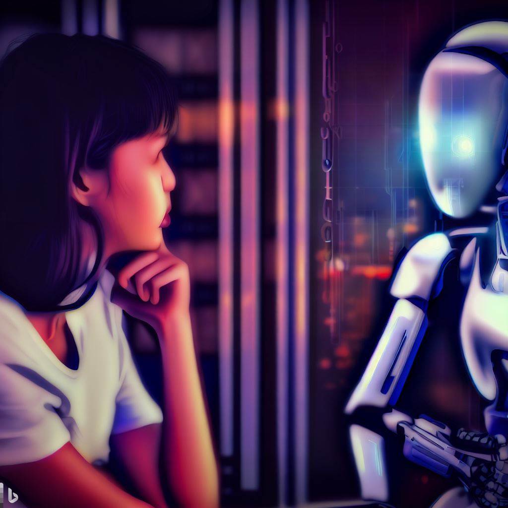 A student is engaged in thought while interacting with a robot