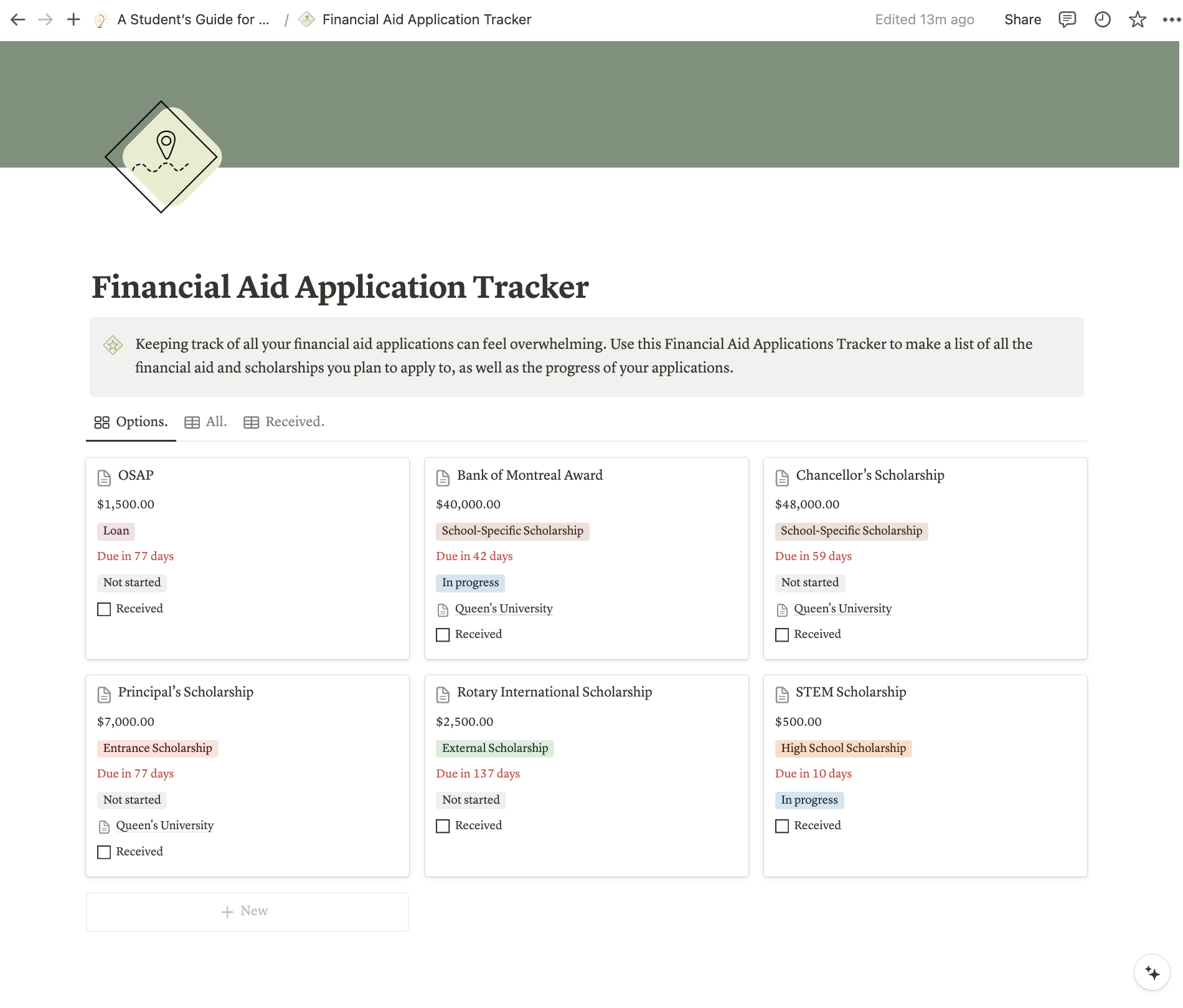 An example of a completed Financial Aid Application Tracker in the Notion database, detailing deadlines and relationships to other pages in the database.