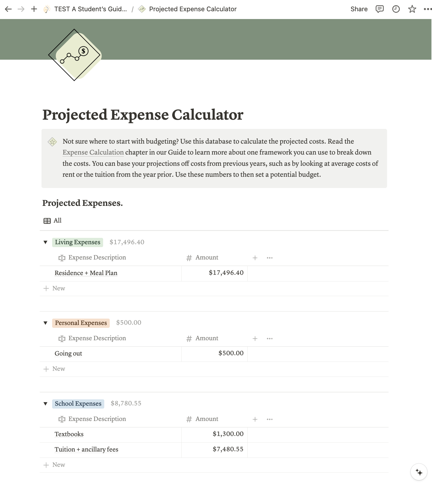 An example of a completed Projected Expense Calculator page in the Notion database, detailing the costs of common expenses related to post-secondary.