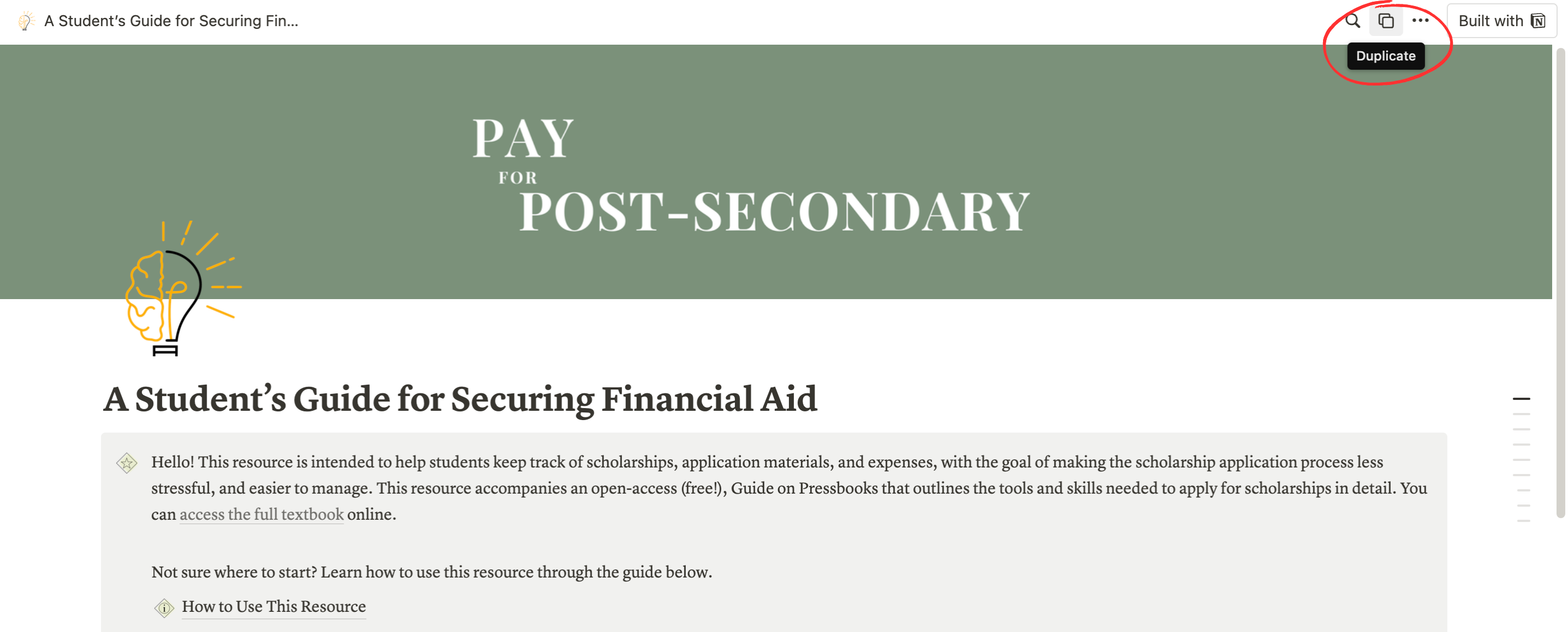 A screenshot of the Pay for Post-Secondary Notion Guide homepage with a red circle around the "duplicate" button in the top right corner.