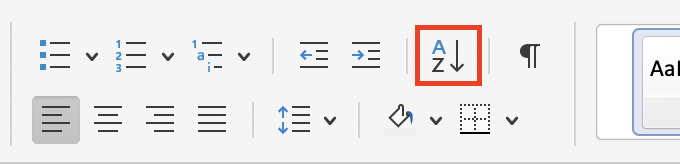 Paragraph section in Word with Sort highlighted by a red-bordered box.