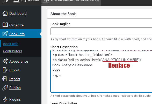 Paste the HTML code at the bottom of the Short Description text box, in the About the Book section, in the Book Info page