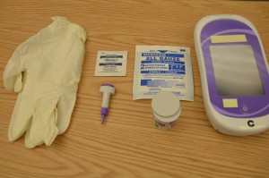 Gloves, alcohol swab, lancet, gauze, reagent strips, glucometer