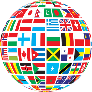 A globe covered in flags from many countries